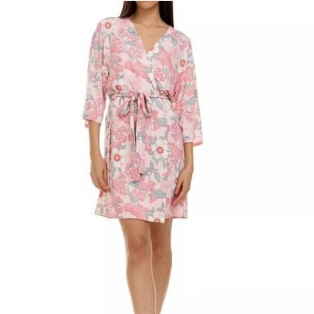Flora Nikrooz Pink Floral Kimono Robe Ultra‎ Soft Lightweight Lounge Wrap Large